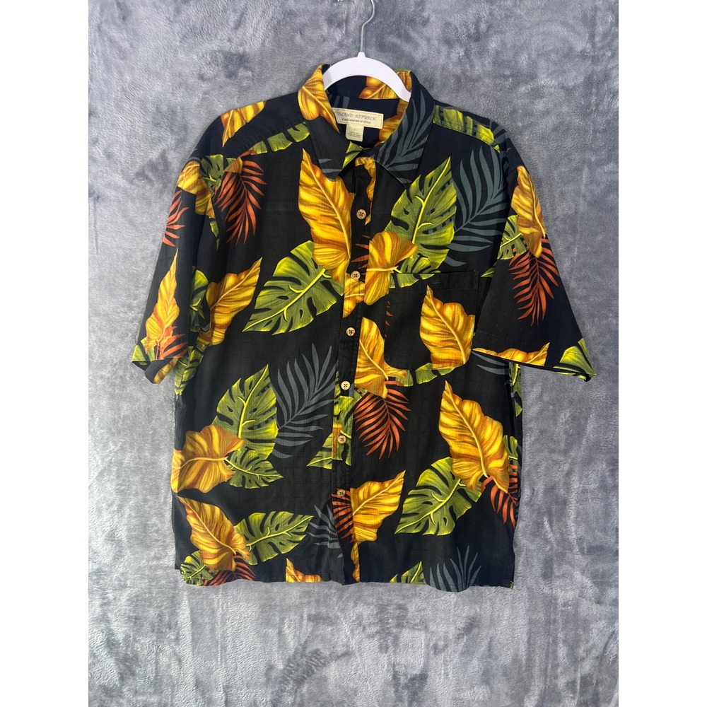 Island Republic Mens Large 100% Silk Tropical Leaf Button Down Shirt Black